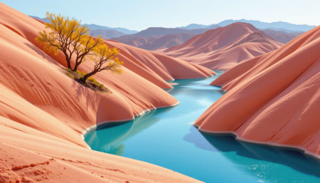 Serene Desert Landscape with Vibrant Yellow Tree and Turquoise Water Flowing Through Red Sand Dunes Under a Clear Blue Skyの素材