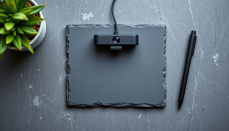 Minimalist Workspace with Webcam, Slate Board, Potted Plant, and Pen Focused on Remote Work and Modern Office Design Essentialsの素材