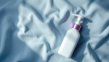 Clean white lotion bottle with purple pump on soft blue fabric background for skincare, beauty, and personal care product presentationsの素材
