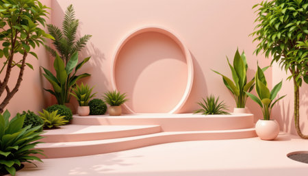 Tranquil Contemporary Outdoor Space with Soft Pink Tones, Lush Greenery, and Minimalist Design Elements Perfect for Relaxation or Meditationの素材