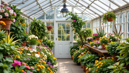 Lush Greenhouse with Colorful Blooms and Vibrant Plants in a Serene Environment Perfect for Nature Lovers and Gardening Enthusiastsの素材