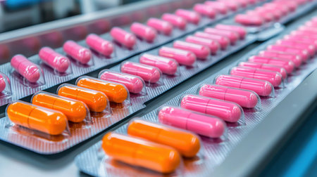 Brightly Colored Capsules in Blister Packs Displayed on Production Line for Pharmaceutical Manufacturing and Quality Control Processesの素材
