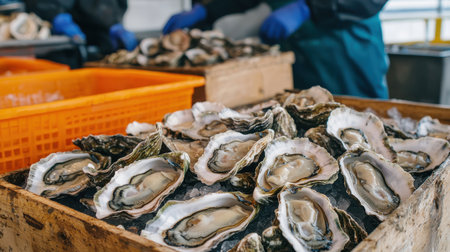 Freshly harvested oysters displayed on wooden crates at a seafood market with vendors in gloves preparing the shellfish for customers' enjoymentの素材