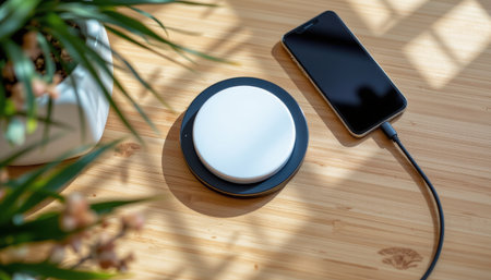 Modern wireless charger placed on a wooden table next to a smartphone with a charging cable surrounded by green plants and natural lightの素材