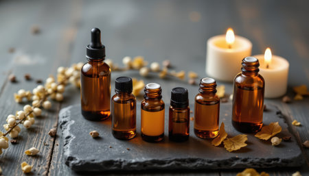 Aromatherapy and Essential Oil Bottles Displayed on Wooden Table with Soft Candlelight for Relaxation and Wellness Ambianceの素材
