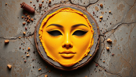 Creative dessert art featuring a vibrant yellow sun face made from cake and frosting, surrounded by scattered chocolate pieces on a textured surfaceの素材