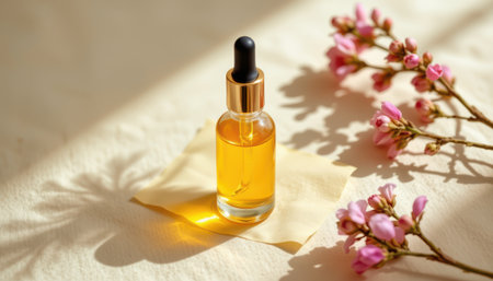 Elegant glass dropper bottle with golden lid containing golden oil, surrounded by pink flowers and soft shadows, creating a serene beauty aestheticの素材