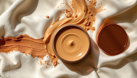 Creamy foundation product spilled on a white fabric with a cozy aesthetic and elegant presentation, emphasizing beauty and skincare themes in compositionの素材