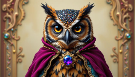 Regal Owl in Ornate Cape with Gemstone, Majestic Appearance in Artistic Fantasy Style, Perfect for Illustrations and Creative Projectsの素材