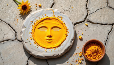 Creative Art Piece Featuring Yellow Sun Face Sculpture on Cracked Surface with Sunflower and Bowl of Yellow Powder for Artistic Inspirationの素材