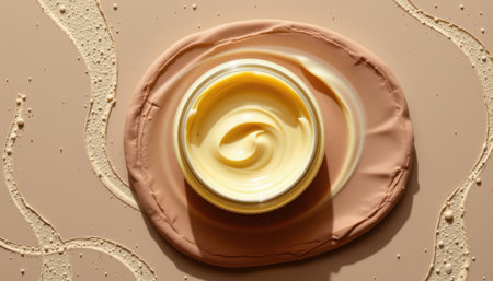 Creamy texture of skincare product in a jar placed on smooth pastel surface with soft swirls and bubbles for beauty and wellness concept photographyの素材