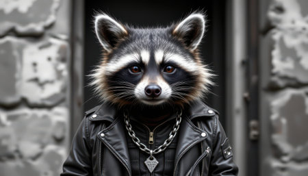 Stylish raccoon with a leather jacket and chain, posing confidently against a textured wall, showcasing a unique blend of urban and animal aesthetics.の素材
