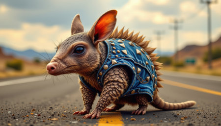 Quirky Armadillo in Stylish Denim Jacket Posing on a Deserted Road with Curving Mountains and Soft Clouds in the Backgroundの素材