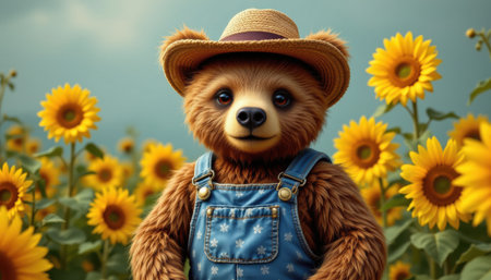 Cute bear character wearing a straw hat and denim overalls standing among bright sunflowers in a sunny field, perfect for children's illustrations and nature themesの素材