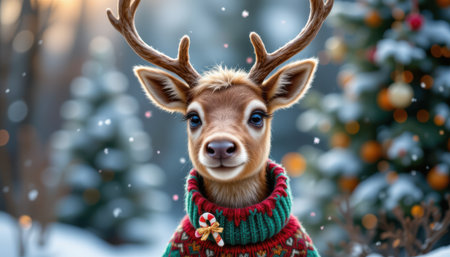 Charming Christmas Reindeer in Cozy Sweater Surrounded by Snowy Landscape and Pine Trees with Decorations, Capturing Holiday Spirit and Festive Cheerの素材