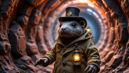 Charming small creature in vintage attire exploring a mysterious underground tunnel with warm lantern light illuminating stones and shadows enhancing the adventure atmosphereの素材