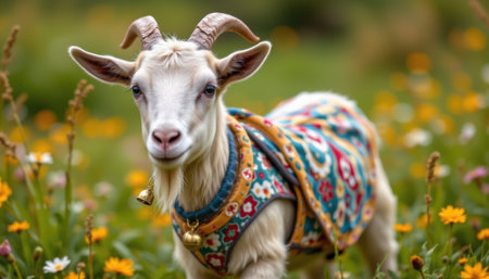 Charming Goat in Colorful Traditional Garment Surrounded by Vibrant Wildflowers on a Sunny Day, Adorable Animal Portraitの素材