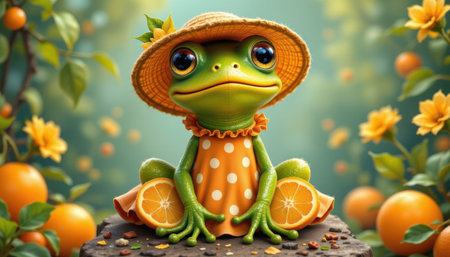 Charming Frog Character in Summer Outfit Surrounded by Vibrant Oranges and Beautiful Flowers, Perfect for Children's Books or Playful Illustrationsの素材