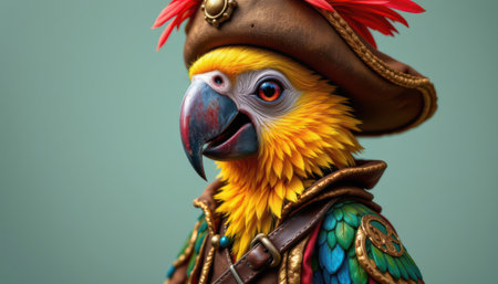 Colorful Parrot Dressed as Pirate, Vibrant Feathers and Eye-Catching Accessories, Playful Bird Character with Unique Outfit and Charming Expressionの素材