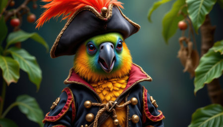 Colorful parrot dressed as pirate with vibrant feathers and expressive face perched amidst tropical foliage on blurred backgroundの素材