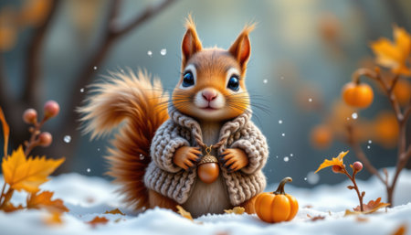 Adorable cartoon squirrel wearing cozy sweater holding an acorn surrounded by autumn leaves and tiny pumpkins in a dreamy forest settingの素材