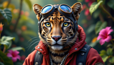Stylish Leopard with Aviator Goggles and Red Jacket in a Lush Garden Full of Colorful Flowers and Natural Greenery During Bright Daylightの素材