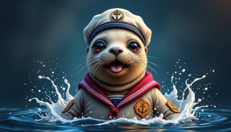 Adorable baby seal in a sailor outfit splashing playfully in the water, embodying joy and delight with a charming expression and bright surroundingsの素材