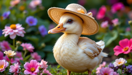 Charming duckling wearing a straw hat surrounded by colorful blooming flowers in a vibrant garden setting, embodies joy and innocence of natureの素材