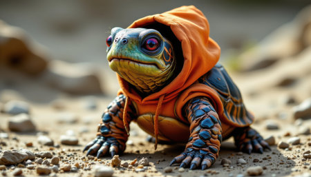 Vibrant and Stylish Turtle Wearing Orange Hoodie, Unique Character Design, Playful and Creative Imagery for Nature and Fashion Themesの素材