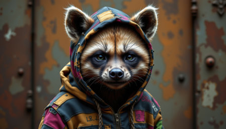 Stylish anthropomorphic raccoon character wearing a hooded jacket in front of a distressed metal background evoking urban adventure and individualityの素材