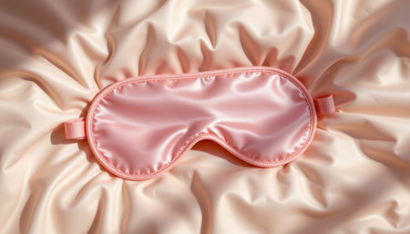 Soft Pink Sleep Mask Resting on Cream Silk Bedding for a Cozy and Relaxing Bedroom Atmosphereの素材