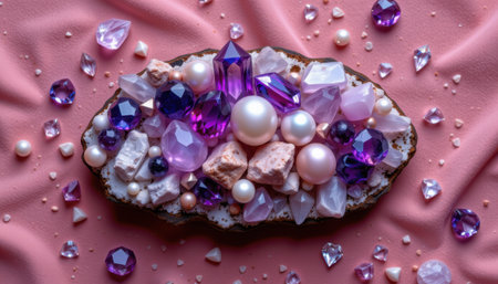 Collection of Colorful Gems and Pearls on Soft Textured Fabric, Showcasing Elegance and Beauty in a Stunning Display of Nature's Treasuresの素材