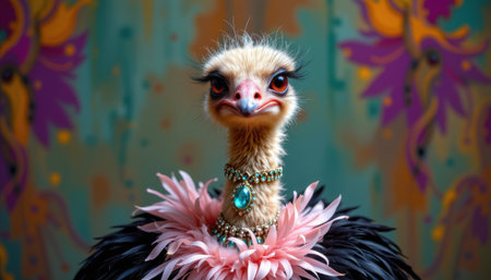 Elegant Ostrich in Ornate Jewelry and Vibrant Feathers Captured with Artistic Background, Showcasing Unique Wildlife Beauty and Colorful Fashion Aestheticsの素材