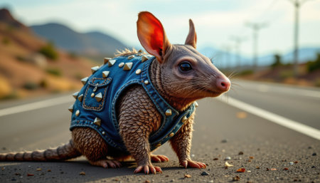 Armadillo in a Spiked Denim Vest on an Open Road Surrounded by Mountains, a Unique Blend of Nature and Edgy Fashion in a Desert Landscapeの素材
