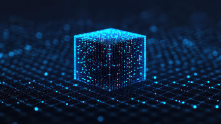 Futuristic 3D Cube with Glowing Blue Particles on Dark Background Representing Digital Data and Technology Concepts in Modern Design and Visualizationの素材