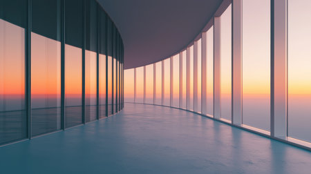 Modern architectural interior showcasing panoramic glass windows and vibrant sunset colors reflecting on sleek surfaces in a spacious contemporary settingの素材