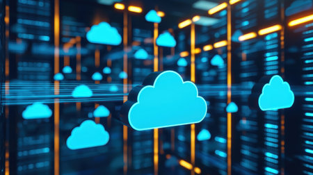 Futuristic digital cloud storage concept with glowing blue cloud icons amidst server racks, illustrating modern technology and data management solutionsの素材