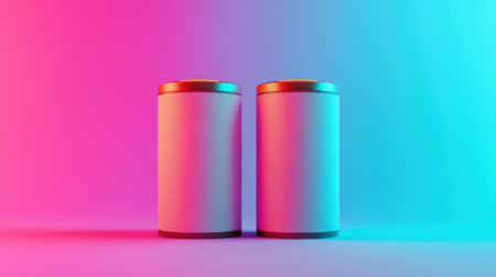 Two Minimalistic Canisters on Vibrant Gradient Background in Blue and Pink Light for Modern Packaging Concepts and Creative Advertisingの素材