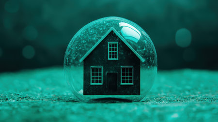 Transparent Sphere Housing Model on a Textured Surface with Dreamy Green Background for Unique Real Estate Concepts and Modern Home Protection Ideasの素材