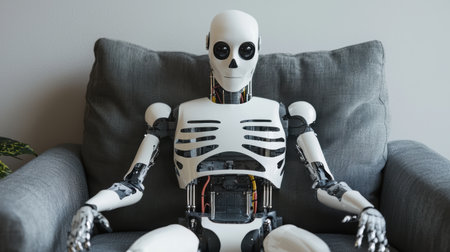 Realistic humanoid robot skeleton sitting on gray couch with a neutral expression, showcasing advanced robotics technology and design featuresの素材