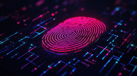 Vibrant Digital Fingerprint on Neon Circuit Background Representing Cybersecurity and Identity Protection in Modern Technology Contextsの素材
