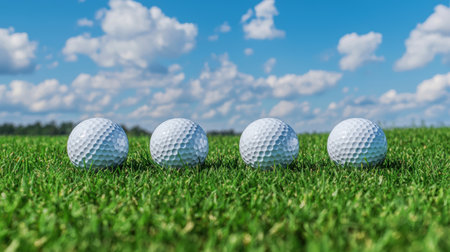 Four White Golf Balls Aligned on Lush Green Grass Under a Bright Blue Sky with Fluffy White Clouds for Sports and Outdoor Themesの素材