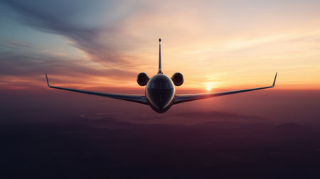 Sleek Private Jet Flying Against a Vibrant Sunset Over Majestic Mountains, Capturing Luxury and Adventure in the Skyの素材