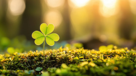 Fresh Green Clover Plant Growing in a Sunlit Forest Environment with Soft Focus and Warm Natural Light at Sunset for Nature and Growth Themesの素材