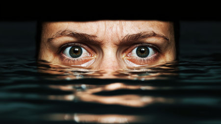 Close-Up of Eyes Peering Above Water Surface with Emotional Expression Reflecting Fear and Mystery in Dark Atmosphereの素材