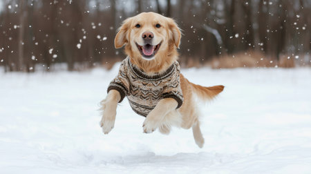 Happy Golden Retriever Dog in Cozy Sweater Joyfully Leaping in Snowy Winter Wonderland with Snowflakes Falling Around Itの素材