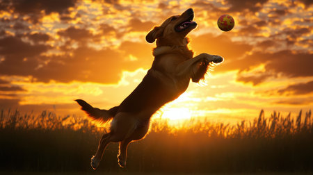 Playful dog leaps in the air to catch a colorful ball during sunset, surrounded by lush grass and a vibrant sky filled with cloudsの素材