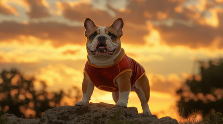 Playful Bulldog in Sweater Standing Proudly on Rock Against Vibrant Sunset Background with Cloudy Sky and Warm Color Paletteの素材