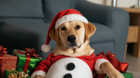 Adorable Labrador Dog in Santa Hat and Christmas Sweater Surrounded by Colorful Gift Boxes at Home Celebrating Holiday Season Cheerfullyの素材