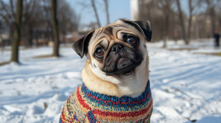 Charming pug wearing colorful sweater in snowy park setting with bright sunlight, capturing cute personality and playful spirit of the dogの素材